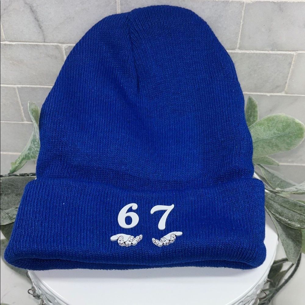 Winter Beanie Hat – “67”  and Hands Symbol in white